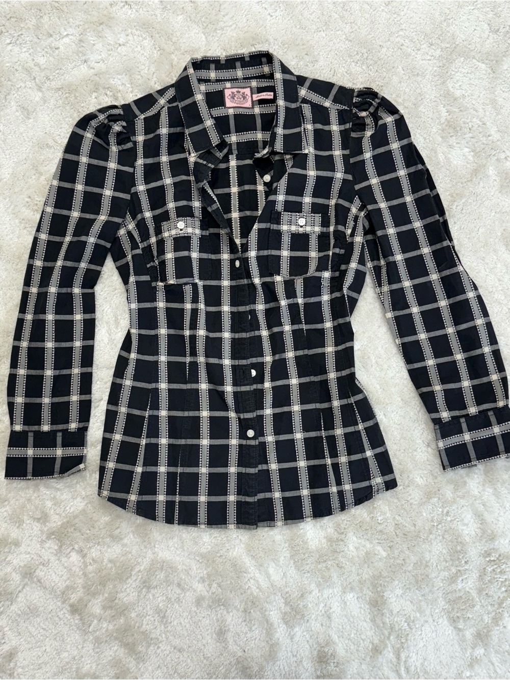 Juicy Couture Cotton embroidery puffy sleeves button up shirt black white size 0